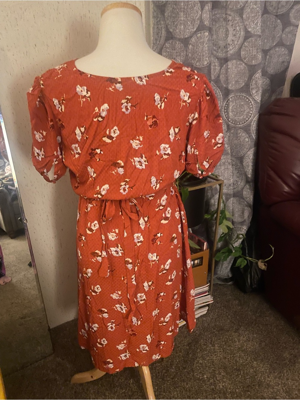 Universal Thread Rust Orange Floral Midi Dress with Tie Waist